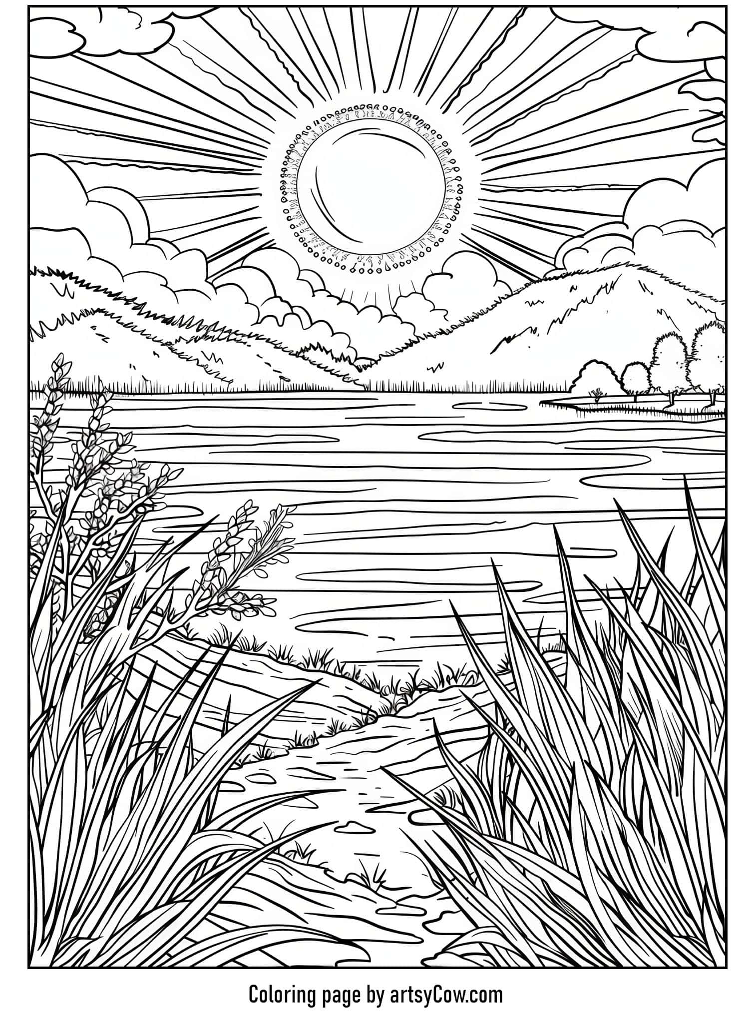 a serene lake surrounded by mountains, with sun rays casting over the clouds and water